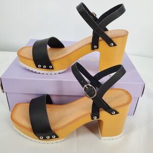 Madden Girl Block Heel Square Toe Ankle Strap Platform‎ Sandals Black Womens 7.5